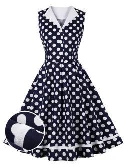Clearance Retro Stage 1950s Polka Dots Lapel Dress Navy Blue