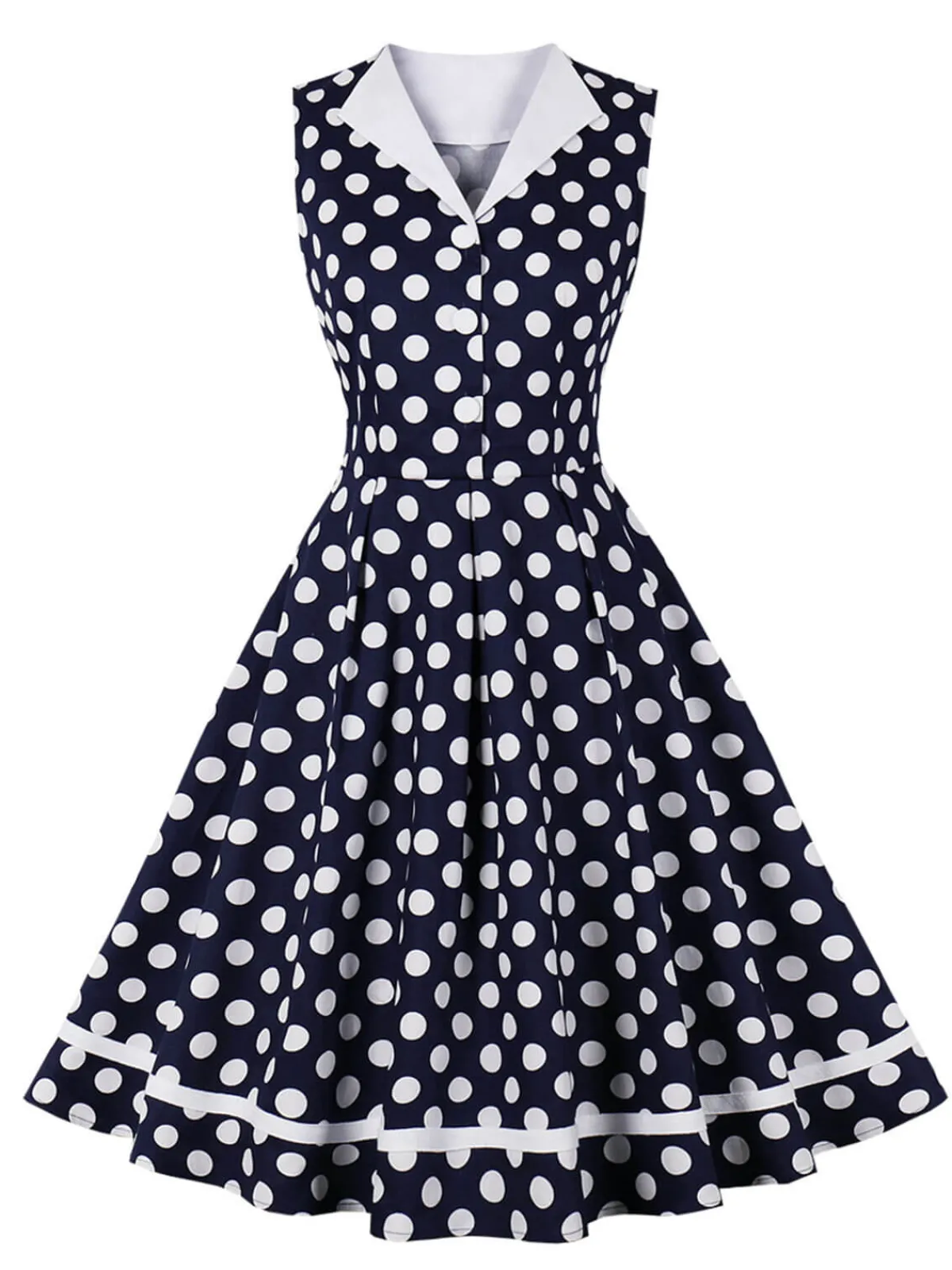 Clearance Retro Stage 1950s Polka Dots Lapel Dress Navy Blue