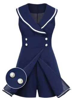Best Retro Stage 1950s Sailor Collar Romper Navy Blue