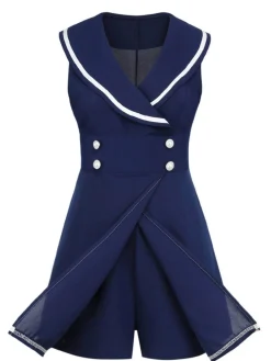 Best Retro Stage 1950s Sailor Collar Romper Navy Blue