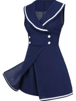 Best Retro Stage 1950s Sailor Collar Romper Navy Blue