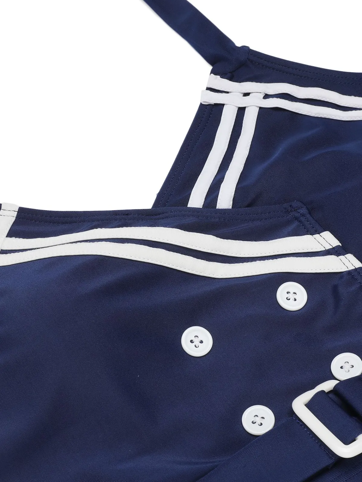 Best Retro Stage 1950s Solid Belt Button Halter Swimsuit Navy Blue