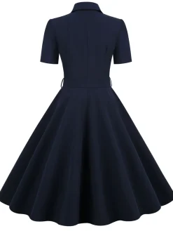 Fashion Retro Stage 1950s Solid Belt Swing Dress Navy Blue