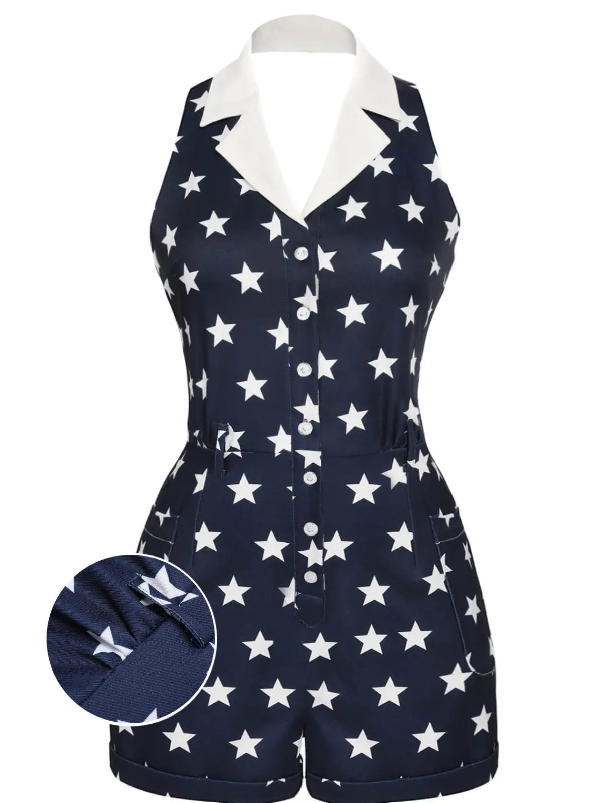 Best Retro Stage 1950s Stars Lapel Vintage Romper Navy blue