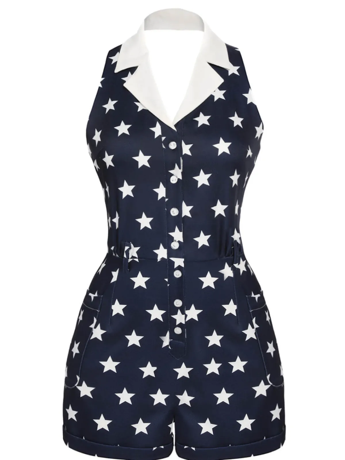 Best Retro Stage 1950s Stars Lapel Vintage Romper Navy blue