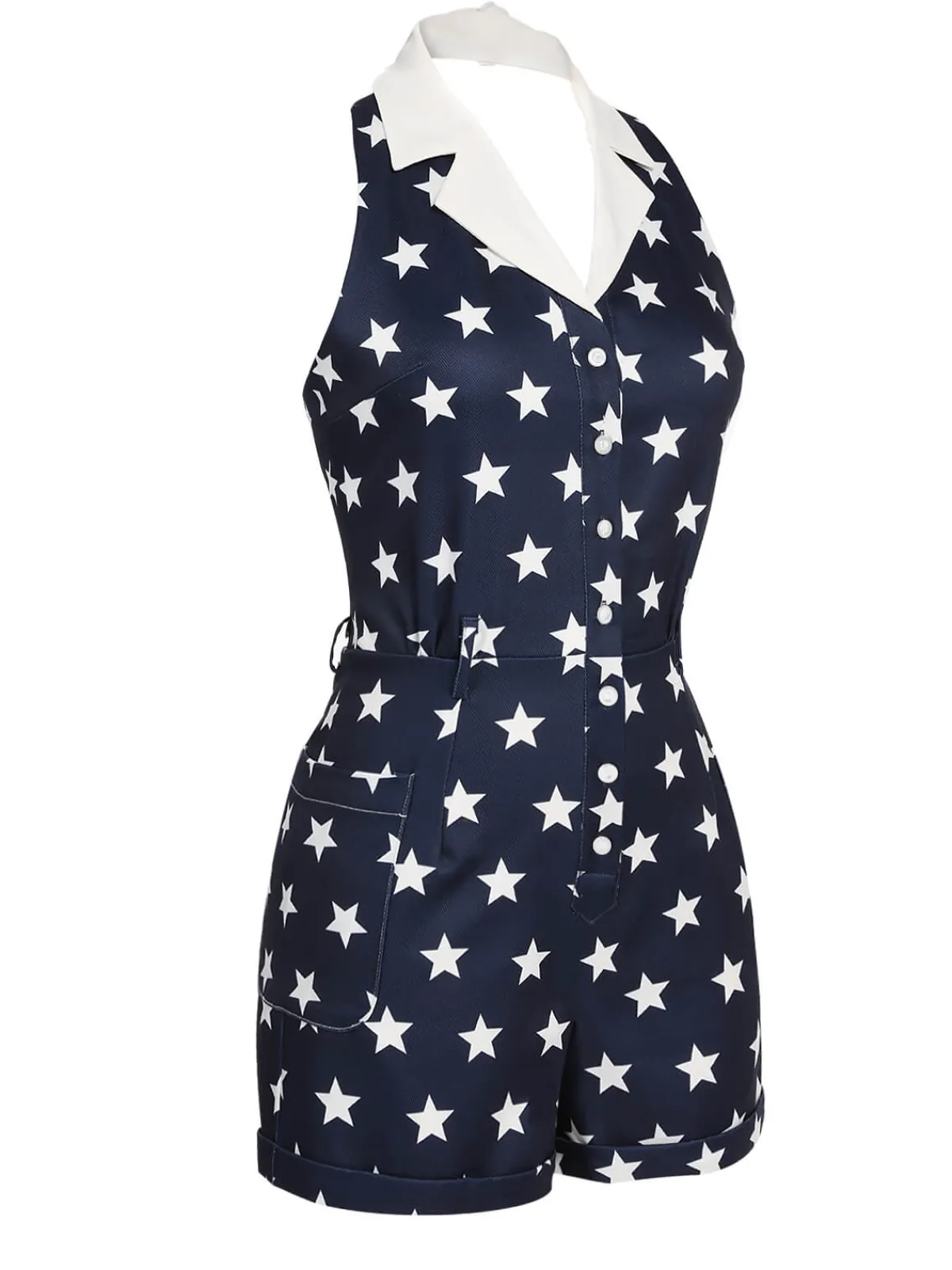 Best Retro Stage 1950s Stars Lapel Vintage Romper Navy blue