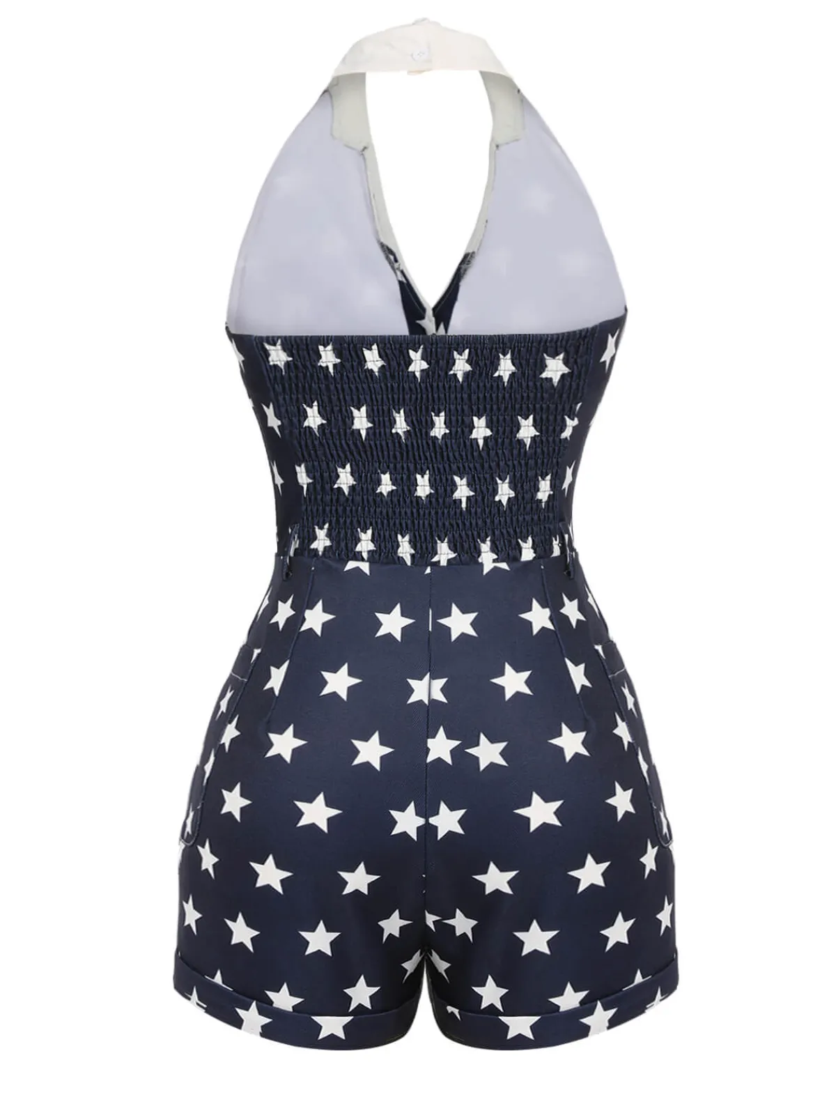 Best Retro Stage 1950s Stars Lapel Vintage Romper Navy blue
