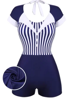 Best Retro Stage 1930s Stripe Patchwork Swimsuit Navy Blue