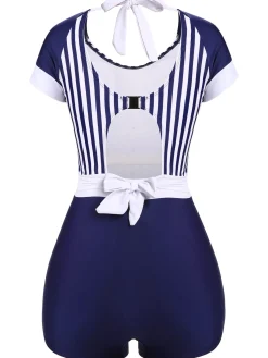 Best Retro Stage 1930s Stripe Patchwork Swimsuit Navy Blue