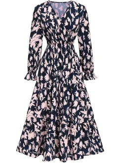 Sale Retro Stage 1930s V-Neck Floral Dress Navy Blue