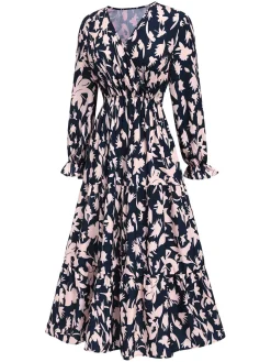 Sale Retro Stage 1930s V-Neck Floral Dress Navy Blue