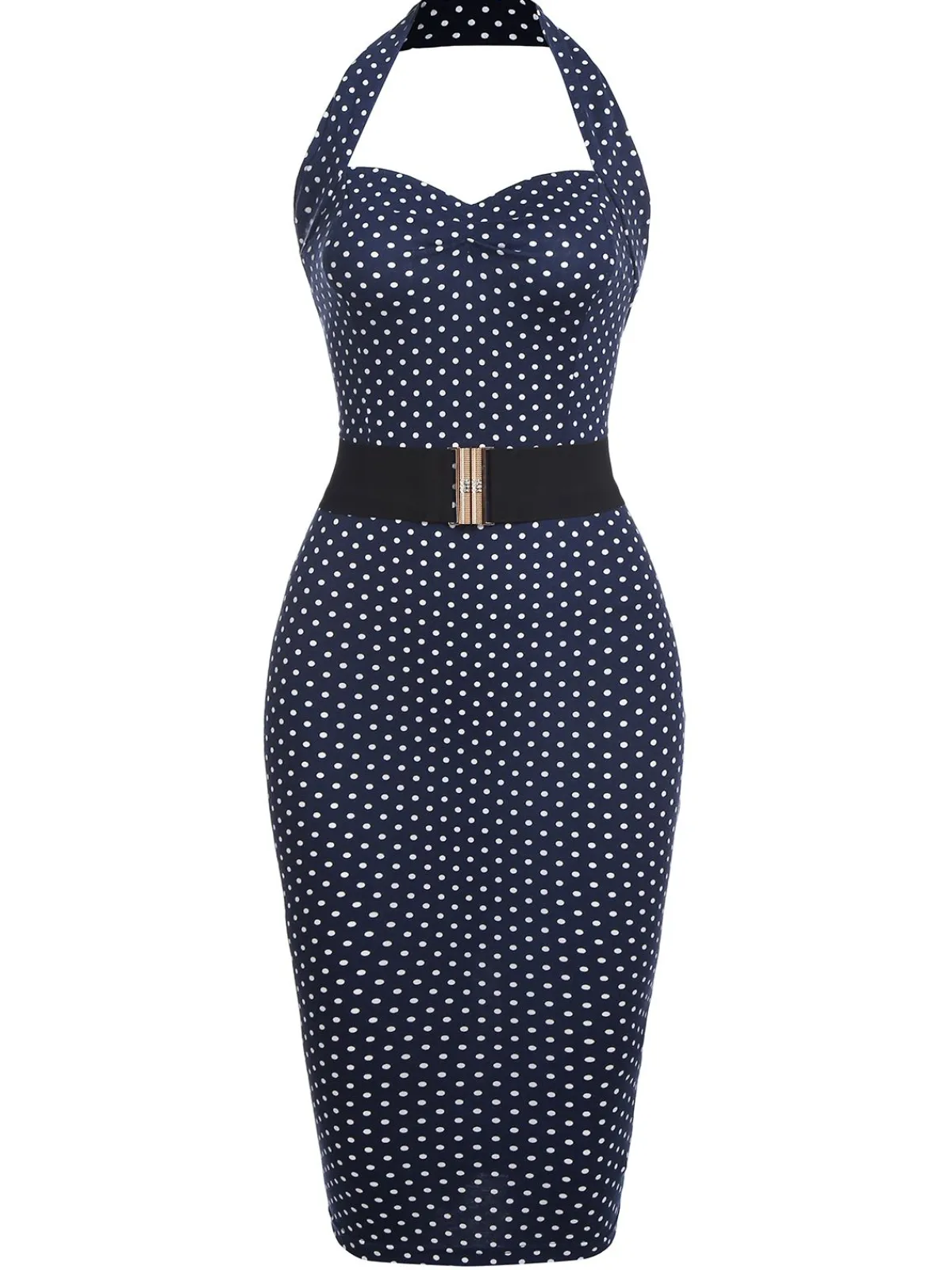 Hot Retro Stage Navy 1960s Halter Dot Bodycon Dress Navy Blue
