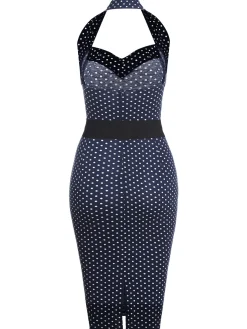 Hot Retro Stage Navy 1960s Halter Dot Bodycon Dress Navy Blue