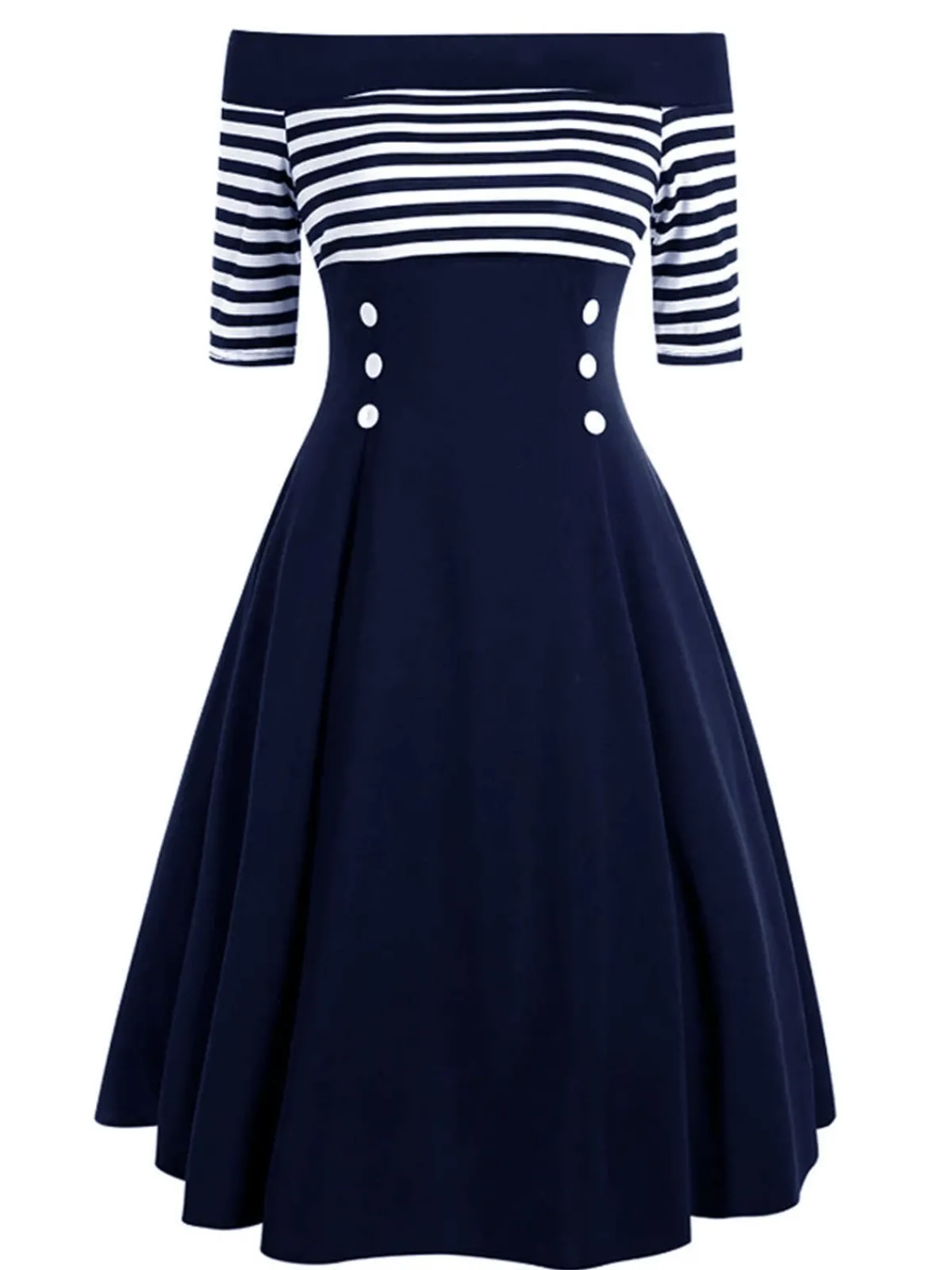 Fashion Retro Stage Navy 1950s Off Shoulder Swing Dress Navy Blue