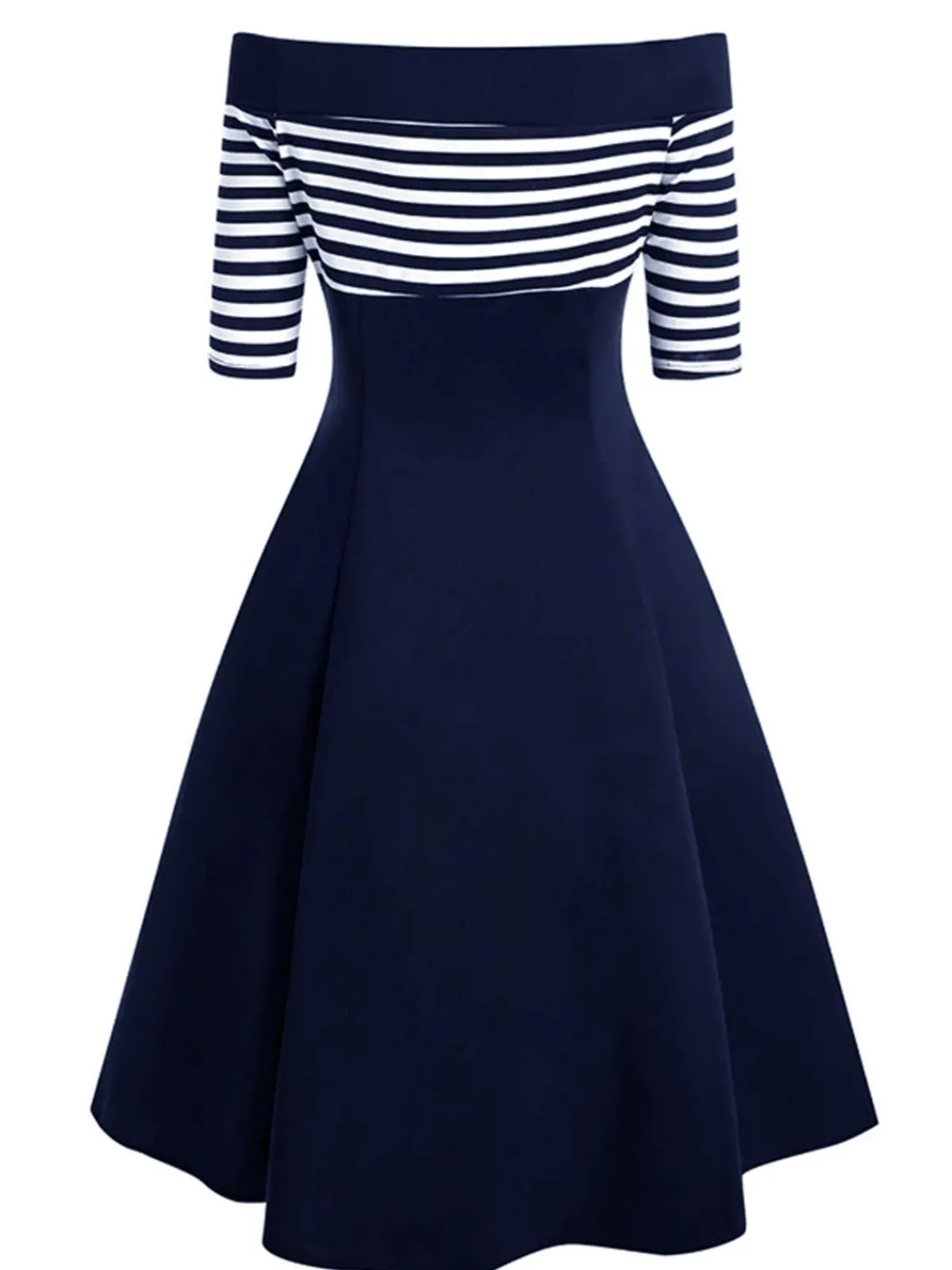 Fashion Retro Stage Navy 1950s Off Shoulder Swing Dress Navy Blue