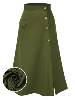 Best Retro Stage 1940s Button Slit Skirt Olive Green