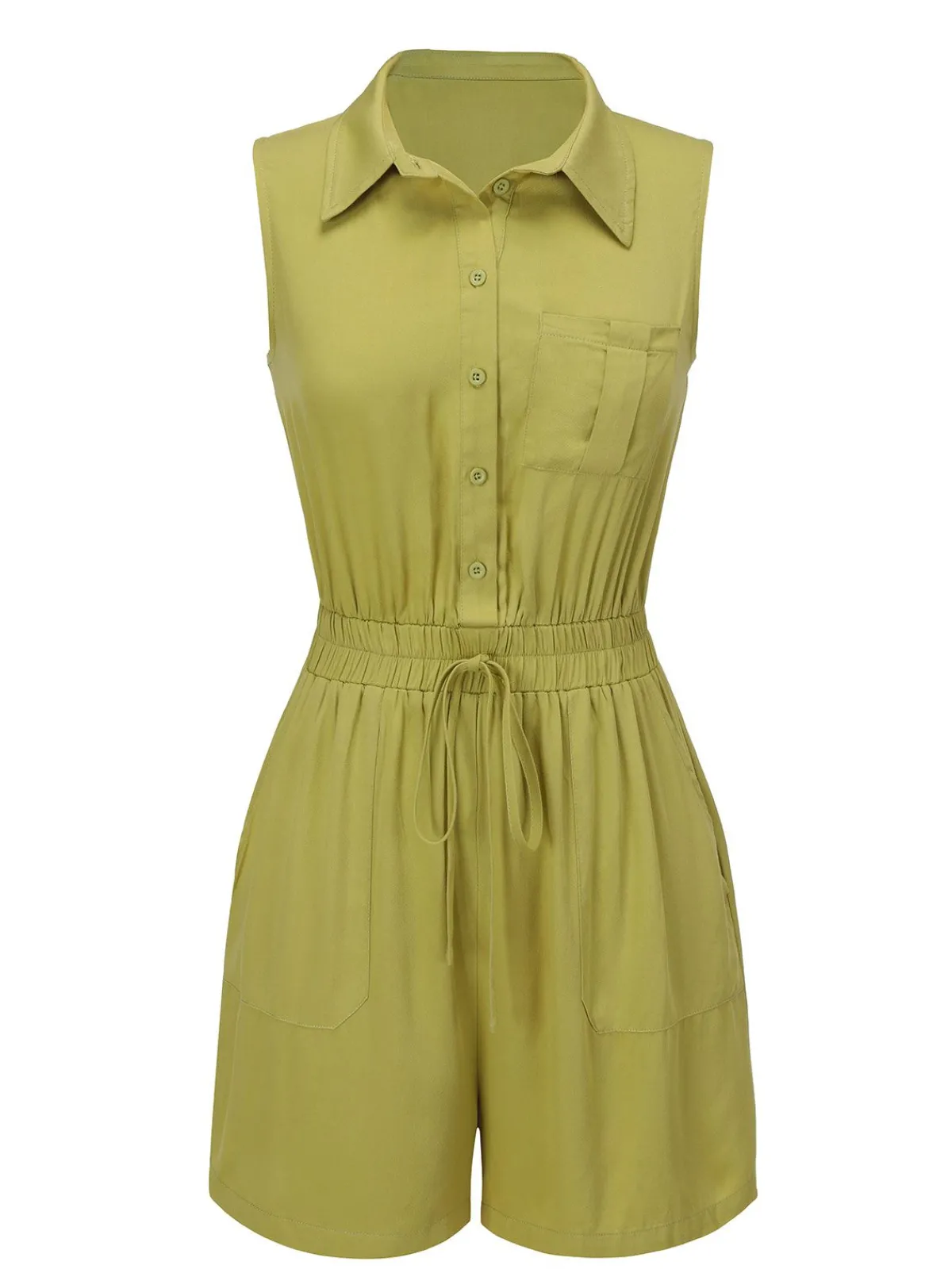 New Retro Stage 1950s Solid Lapel Belt Romper Olive Green