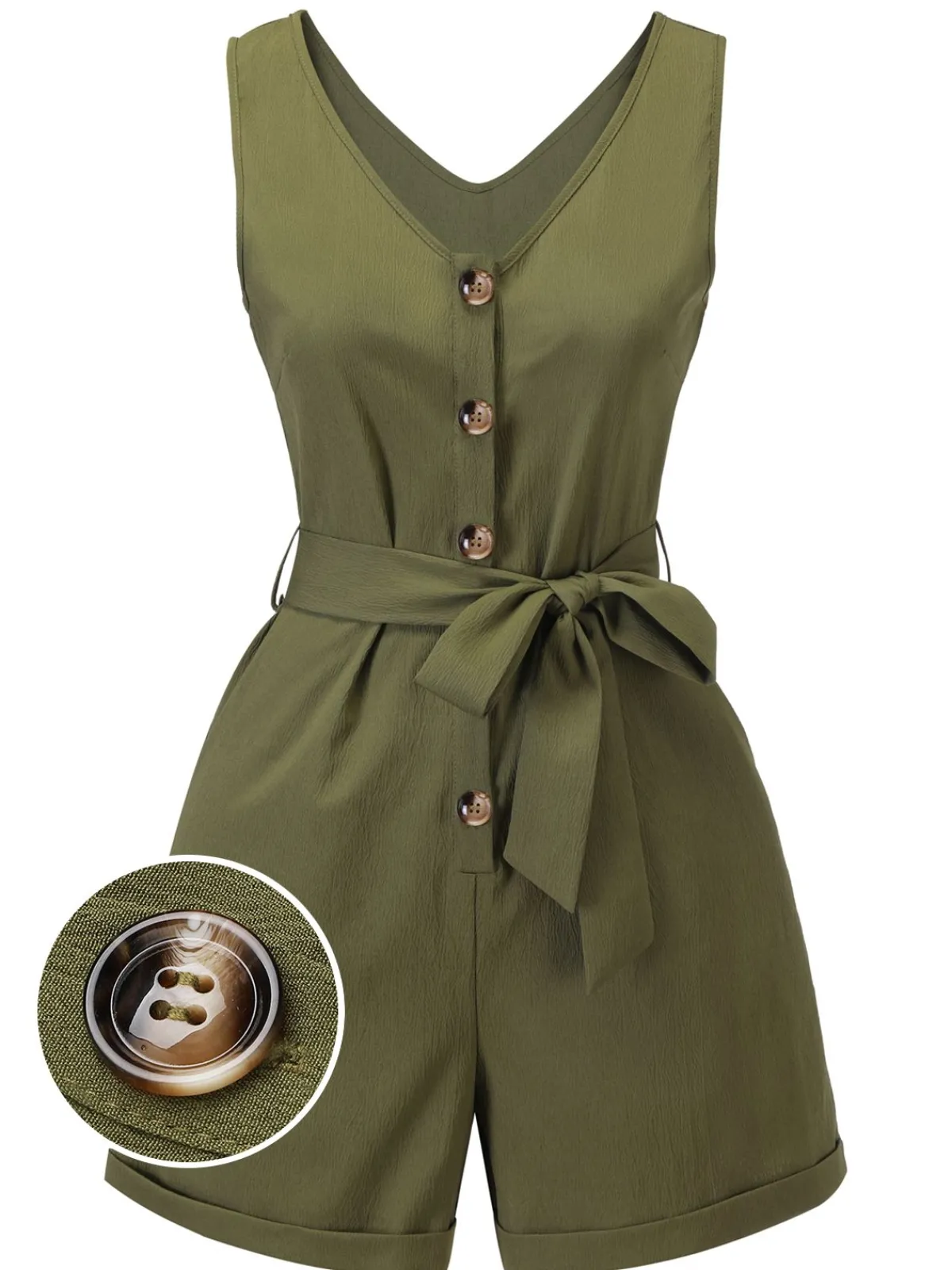 Fashion Retro Stage Olive Green 1950s V-Neck Button Waist Tie Romper
