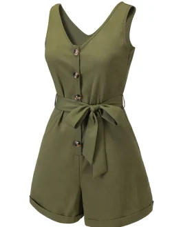 Fashion Retro Stage Olive Green 1950s V-Neck Button Waist Tie Romper