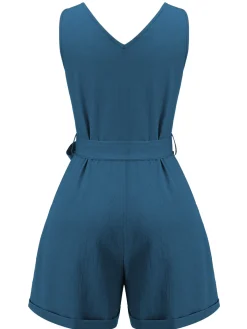 Fashion Retro Stage Olive Green 1950s V-Neck Button Waist Tie Romper