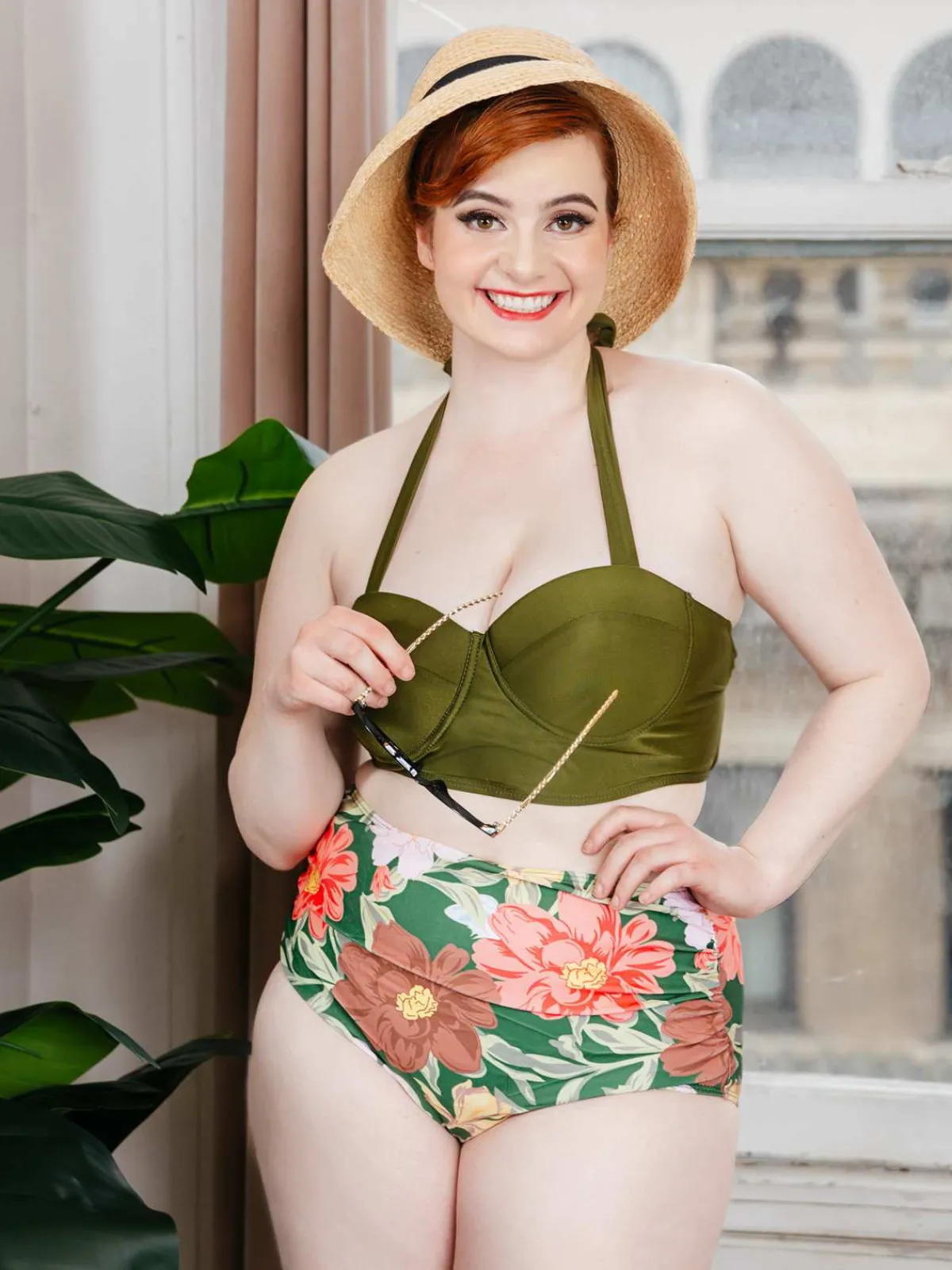 Best Retro Stage Lace-Up Halter Flowers Bikini Set Olive