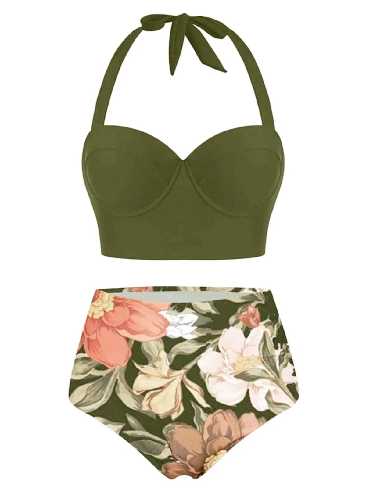 Best Retro Stage Lace-Up Halter Flowers Bikini Set Olive