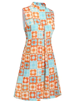 Hot Retro Stage Orange & Blue 1960s Floral Stand Collar Dress