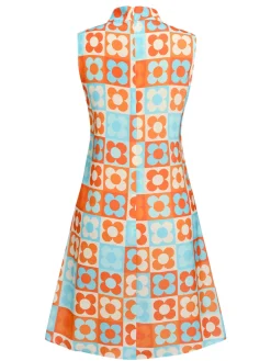Hot Retro Stage Orange & Blue 1960s Floral Stand Collar Dress