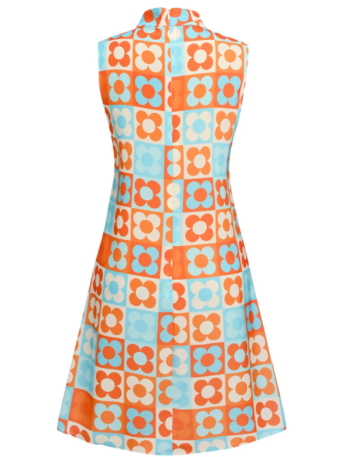 Hot Retro Stage Orange & Blue 1960s Floral Stand Collar Dress