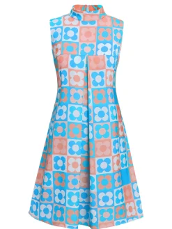 Hot Retro Stage Orange & Blue 1960s Floral Stand Collar Dress