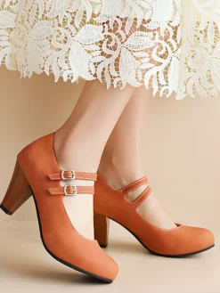 Hot Retro Stage Double Buckle Strap Mary Jane Heels Shoes Orange
