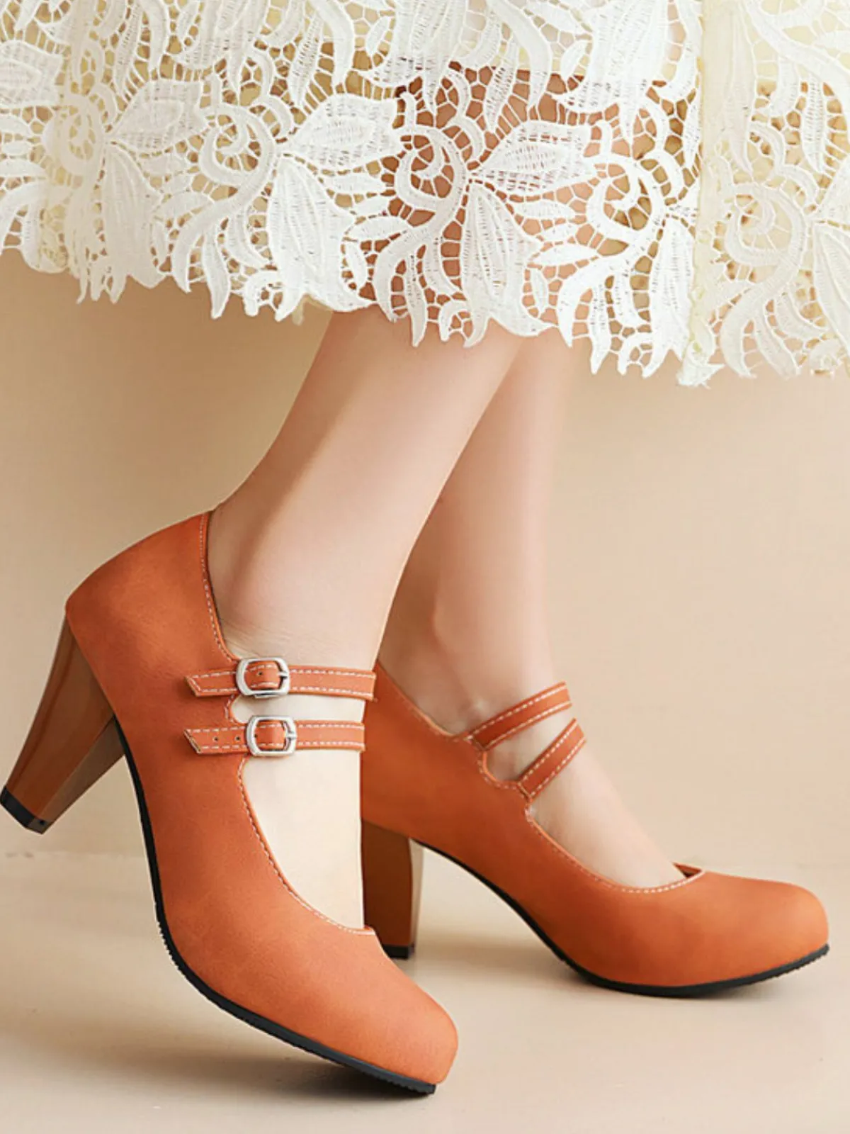 Hot Retro Stage Double Buckle Strap Mary Jane Heels Shoes Orange
