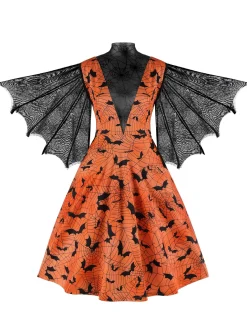 Discount Retro Stage Halloween Spider Sleeve Vintage Dress Orange