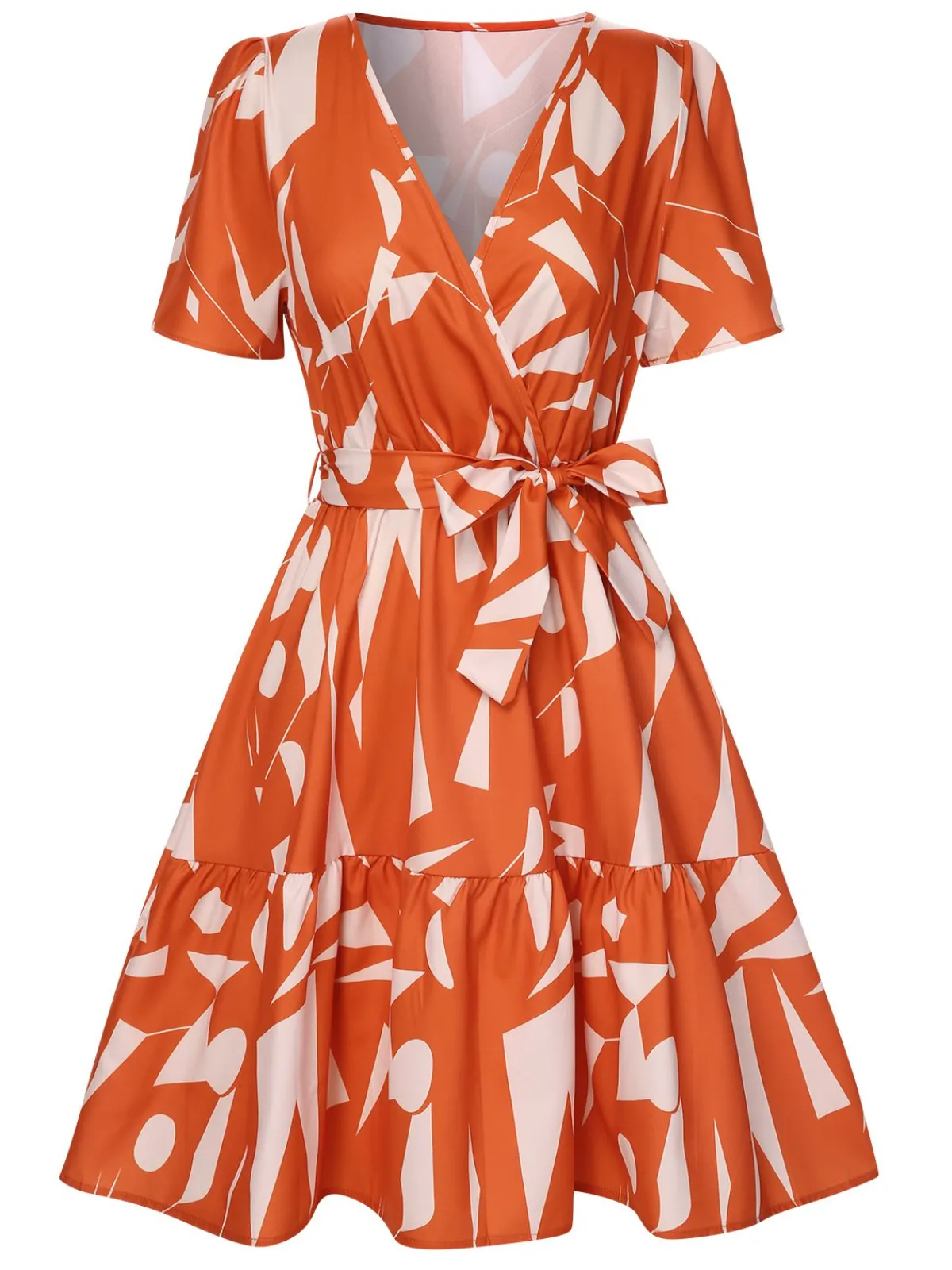 Fashion Retro Stage 1940s Geometric Surplice V-Neck Dress Orange Red