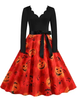 Hot Retro Stage 1950s Halloween Petal Neck Pumpkin Dress Orange Red