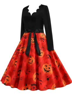 Hot Retro Stage 1950s Halloween Petal Neck Pumpkin Dress Orange Red