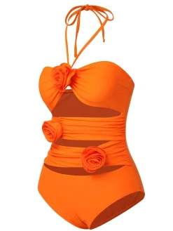 Discount Retro Stage 1950s Halter 3D Flower One-Piece Swimsuit Orange Red