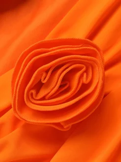Discount Retro Stage 1950s Halter 3D Flower One-Piece Swimsuit Orange Red