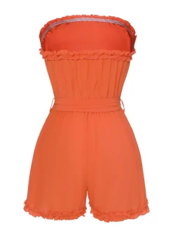 New Retro Stage 1950s Solid Belt Bandeau Romper Orange Red