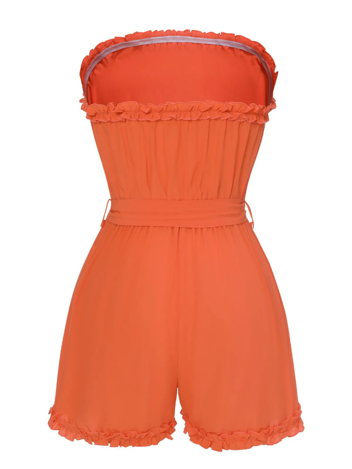New Retro Stage 1950s Solid Belt Bandeau Romper Orange Red