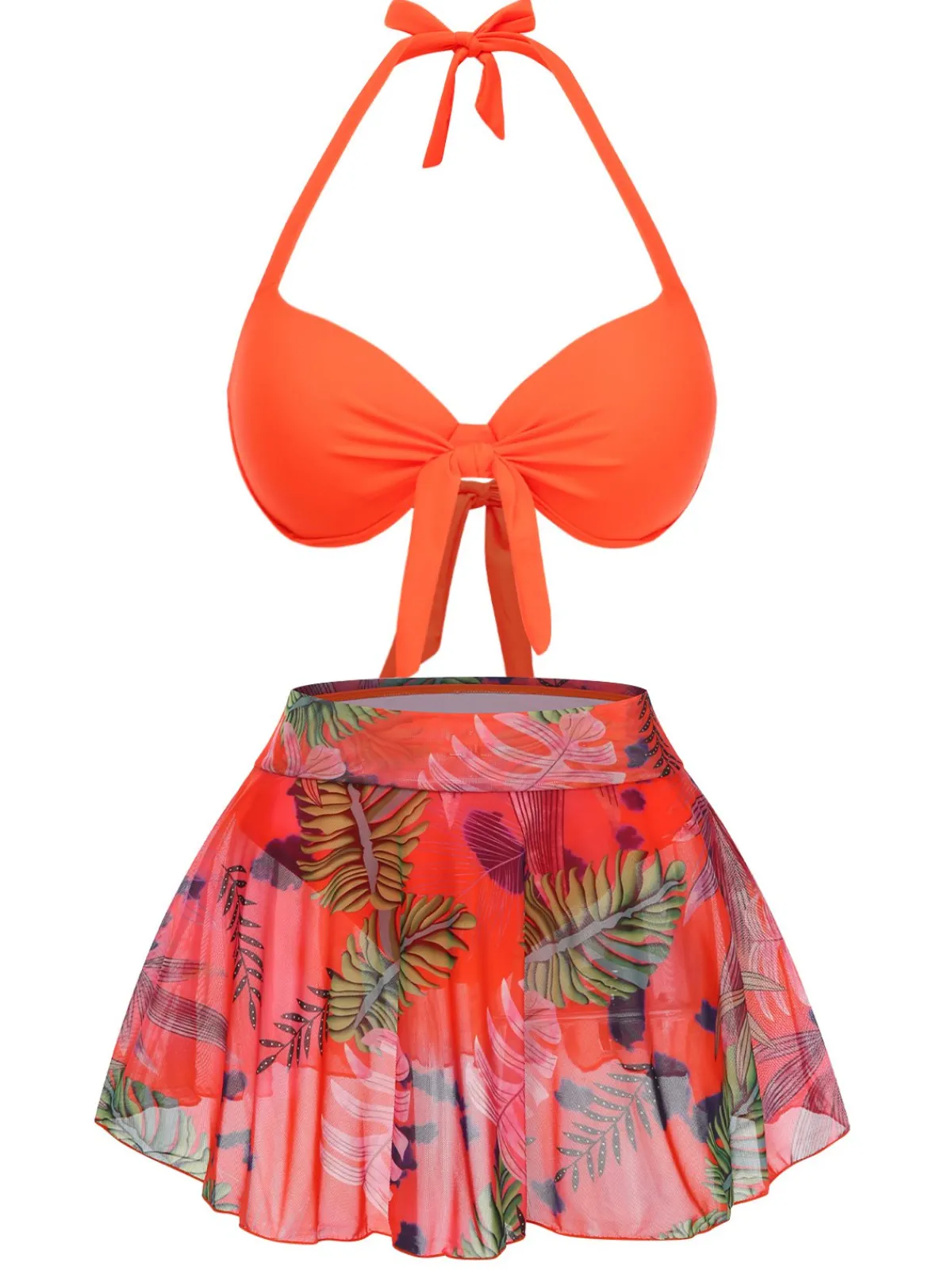Discount Retro Stage 1940s Tropical Plants Halter Swimsuit Orange Red