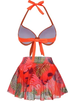 Discount Retro Stage 1940s Tropical Plants Halter Swimsuit Orange Red