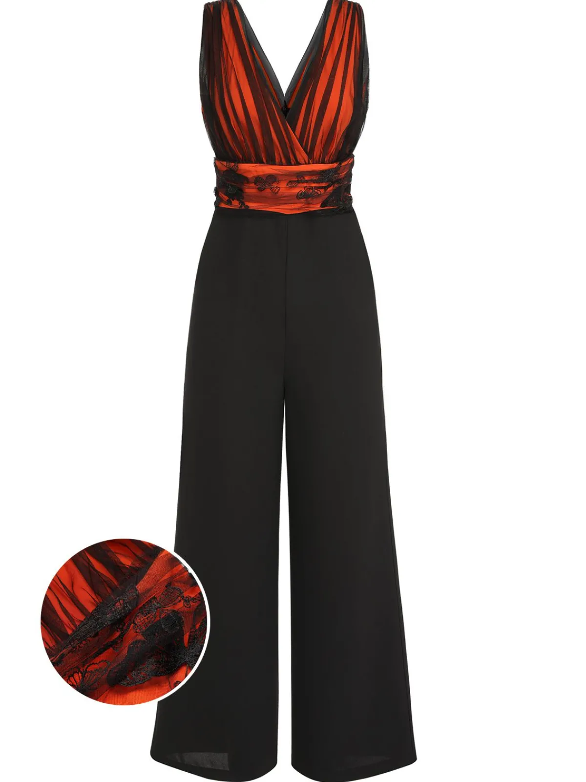 Sale Retro Stage 1930s Butterfly V-Neck Patchwork Jumpsuit Orange
