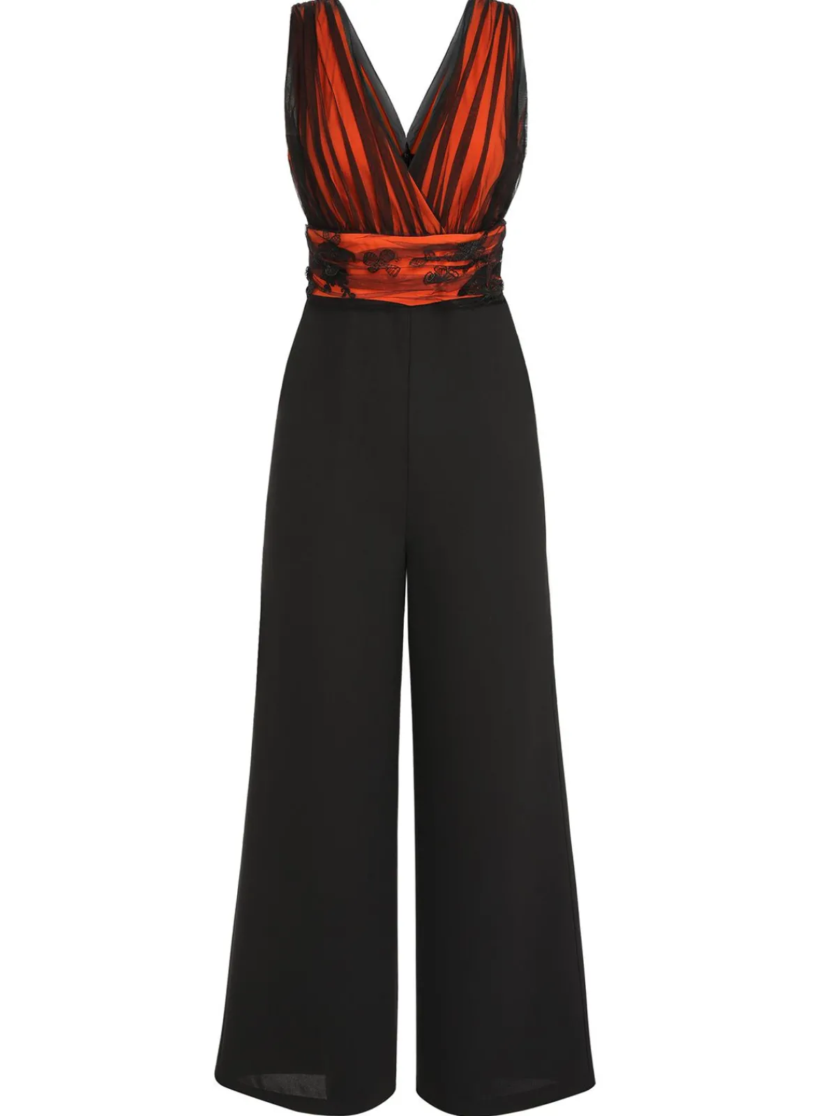 Sale Retro Stage 1930s Butterfly V-Neck Patchwork Jumpsuit Orange