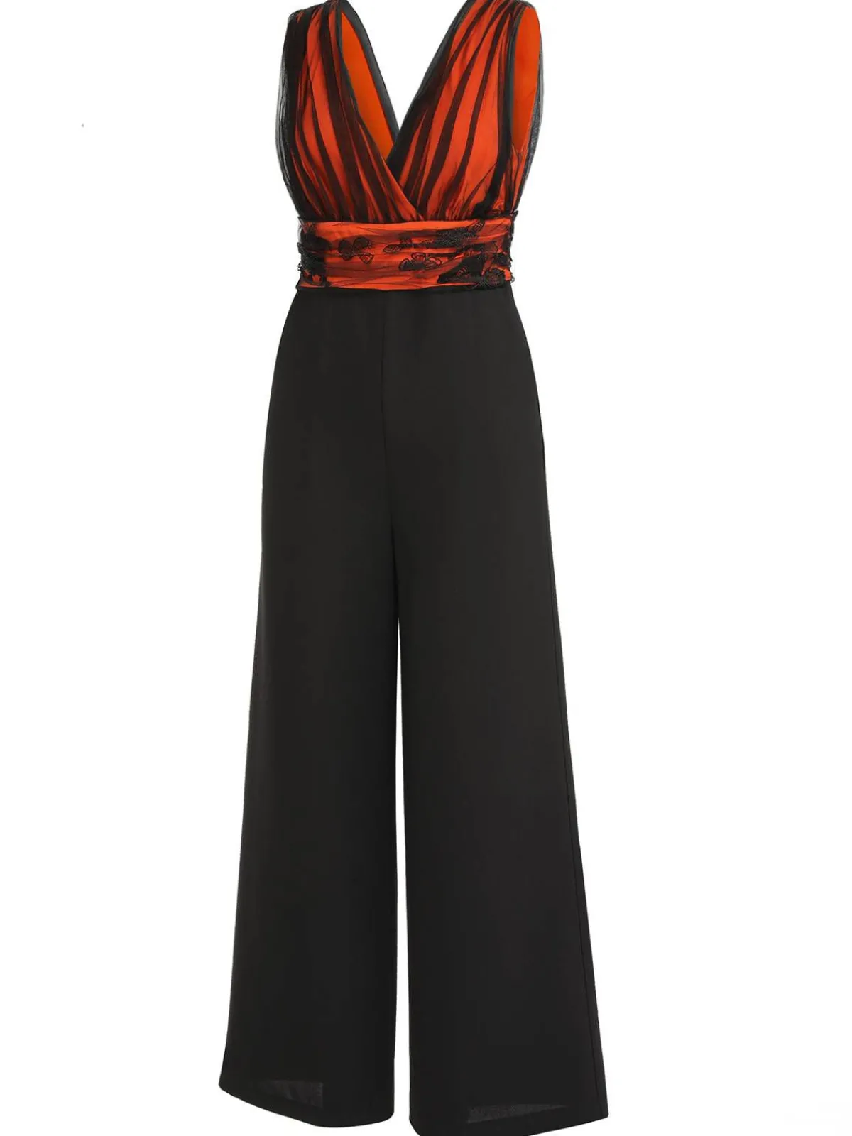 Sale Retro Stage 1930s Butterfly V-Neck Patchwork Jumpsuit Orange