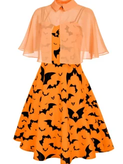 Hot Retro Stage 1950s Cape Patchwork Swing Dress Orange
