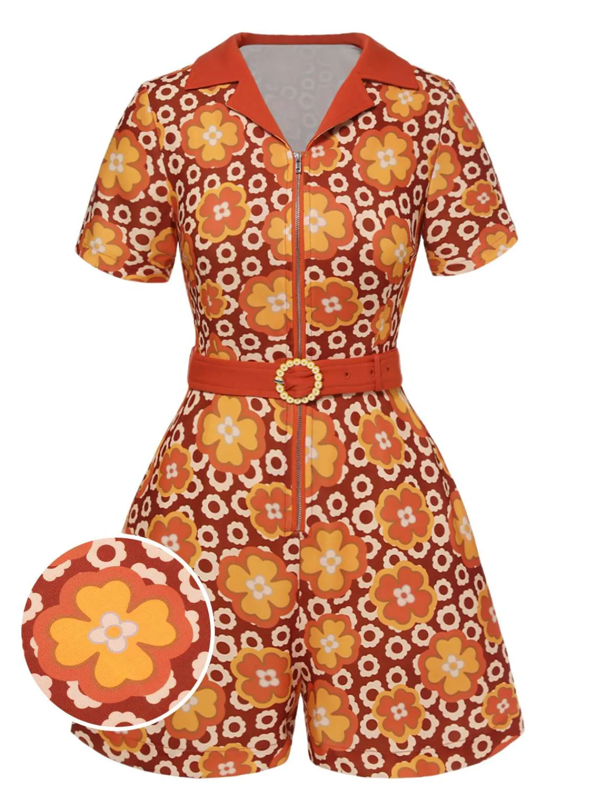 Fashion Retro Stage 1960s Cartoon Floral Lapel Romper Orange