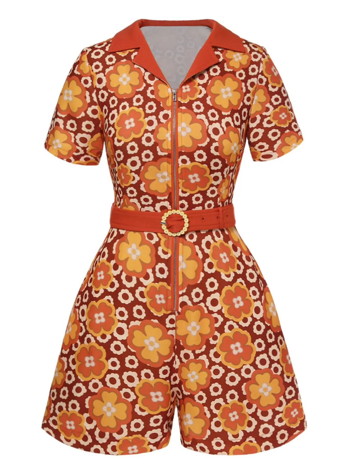Fashion Retro Stage 1960s Cartoon Floral Lapel Romper Orange