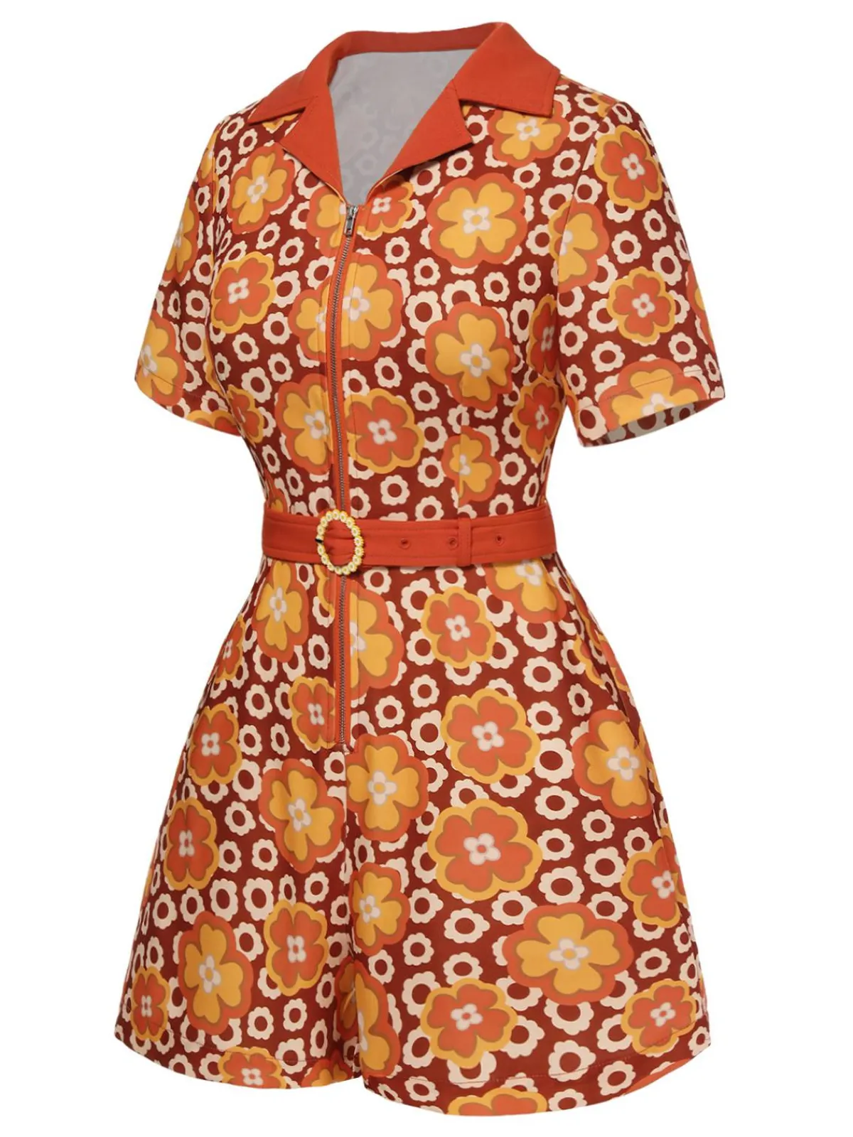 Fashion Retro Stage 1960s Cartoon Floral Lapel Romper Orange