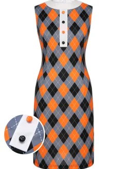 Fashion Retro Stage 1960s Color Block Argyle Shift Dress Orange